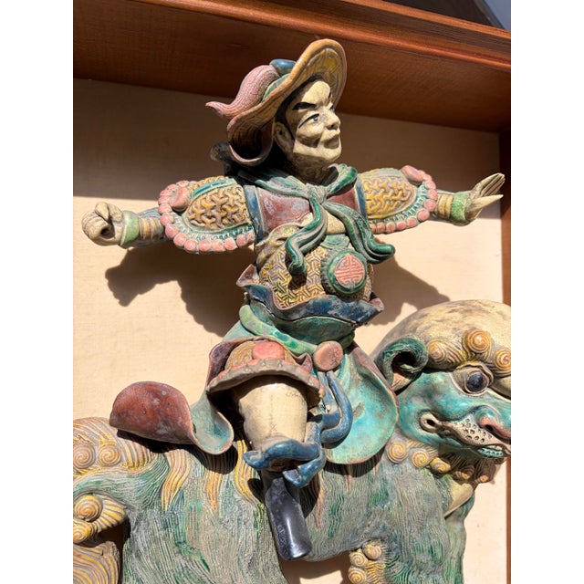 1900 - 1909 Wood Framed Antique Chinese Roof Tile Mythical Guardian Warrior on Foo Dog For Sale - Image 5 of 10