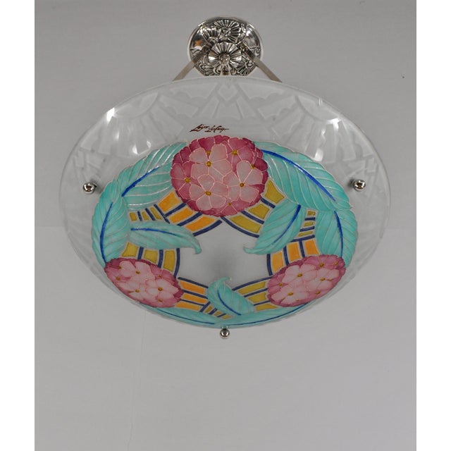 1930s Loys Lucha French Art Deco Pendant Light 1930s - Enameled Pink Hydrangea Bowl For Sale - Image 5 of 14