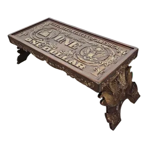 1960s Carved Wood Currency Dollar Bill Coffee Table