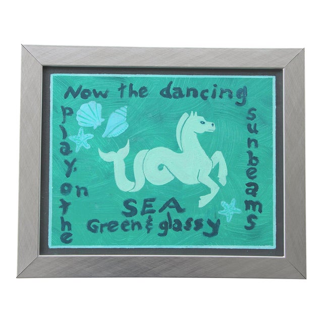 Sea Horse Mythical Classical Coastal Seascape Pop Art Nursery Green Original Oil Painting by Cleo Plowden For Sale