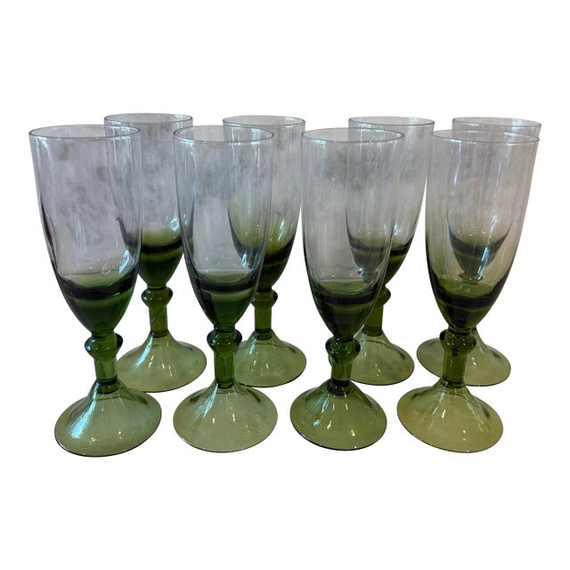 Vintage Handblown Green Wine Glasses - Set of 8 For Sale