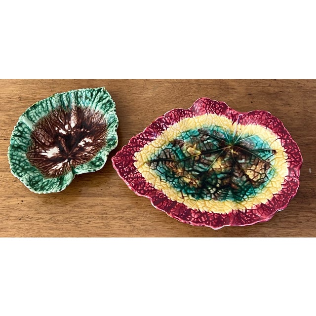 Set of two antique begonia leaf dishes made in England around the late 19th century. Larger: 9.75" x 7.25" Smaller: 7.25"...