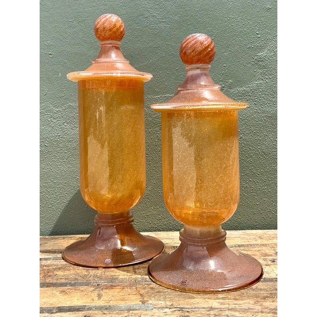 Vintage Murano Vietri Amber Glass Apothecary Jars - Pair For Sale - Image 10 of 12