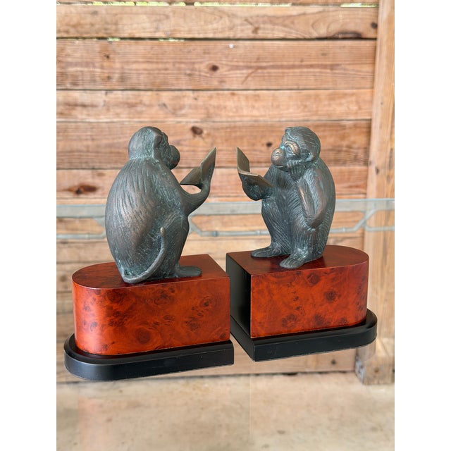 Vintage Maitland-Smith Style Bronze Patina Monkey Bookends on Burl Wood Bases – Pair For Sale - Image 12 of 12
