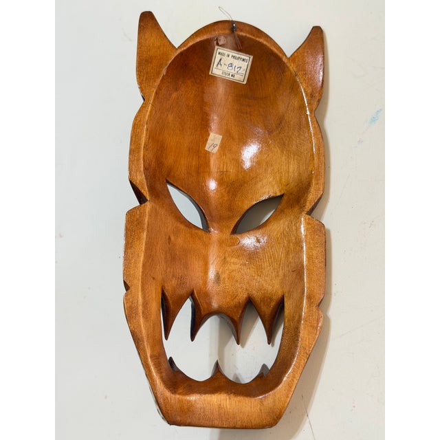 Pair of Vintage Philippine Hand-Carved Monkey Pod Wood Dragon & Demon Wall Masks For Sale In Portland, OR - Image 6 of 12