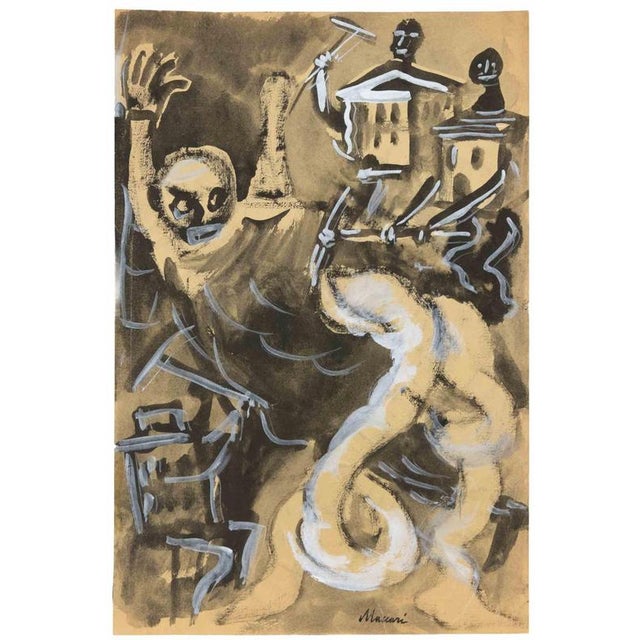 Tempera, watercolor and white lead on paper. Hand signed lower right. Very good condition, with a small rip in the top...