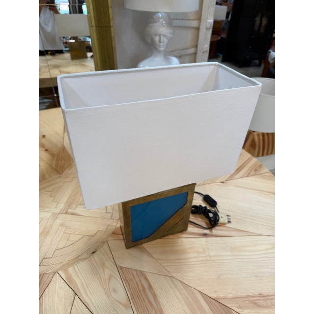 Italian Brass Table Lamp With Blue Panel Base and Rectangular Linen Shade For Sale - Image 3 of 7