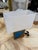 Italian Brass Table Lamp With Blue Panel Base and Rectangular Linen Shade For Sale - Image 3 of 7