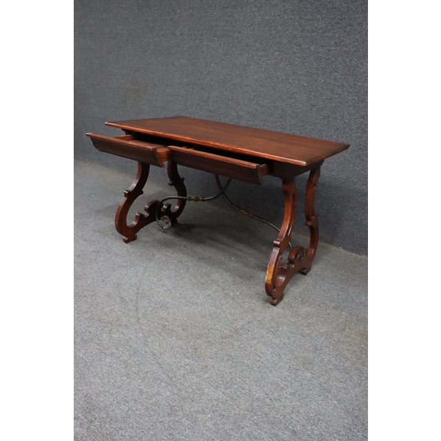 Brown Spanish Colonial Revival Style Mahogany Desk With Iron Stretcher For Sale - Image 8 of 13
