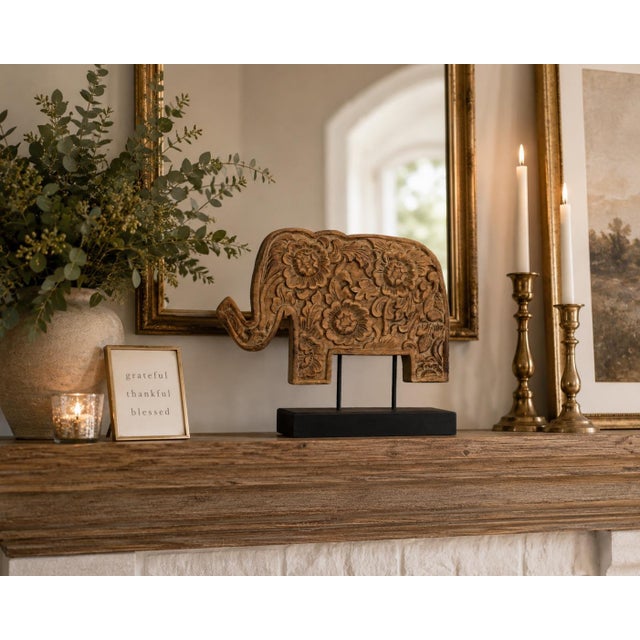Wood Hand-Carved Floral Wood Elephant Sculpture on Black Wooden Stand For Sale - Image 7 of 7
