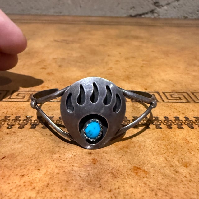 Turquoise Vintage Native American Navajo Sterling Silver and Turquoise Bear Paw Cuff Bracelet For Sale - Image 8 of 13