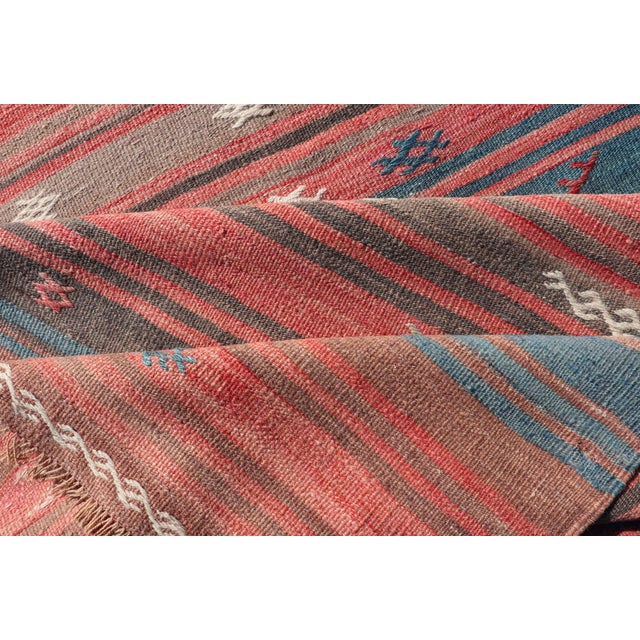 Coral Blue and Beige Striped Vintage Turkish Kilim Handwoven Wool Runner For Sale - Image 11 of 12