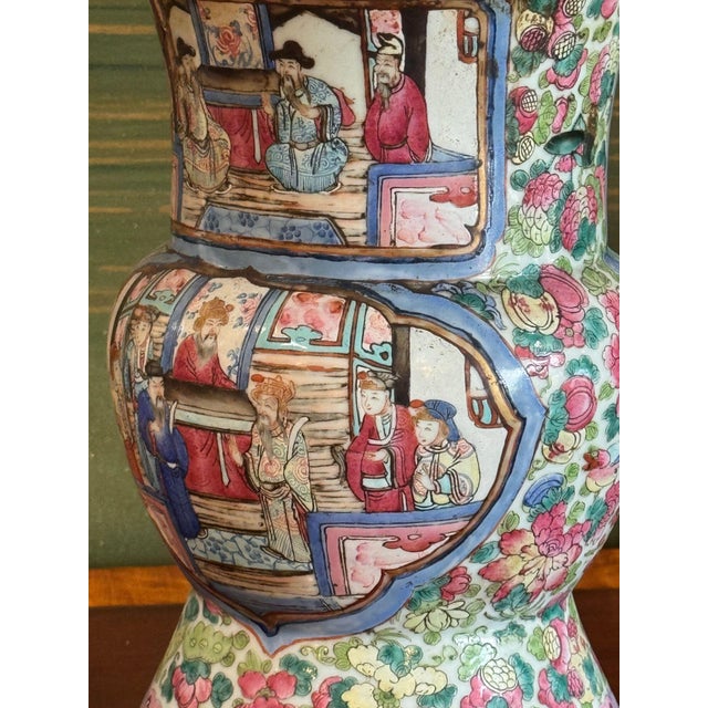 Pink Near Pair of 19th Century Chinese Export Baluster Form Vases Fashioned Into Lamps For Sale - Image 8 of 12