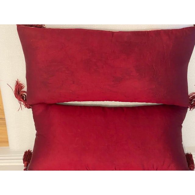 Shabby Chic Antique Pair of Burgundy Silk Embroidered Pillows With Tassels Duck Geathers For Sale - Image 3 of 6