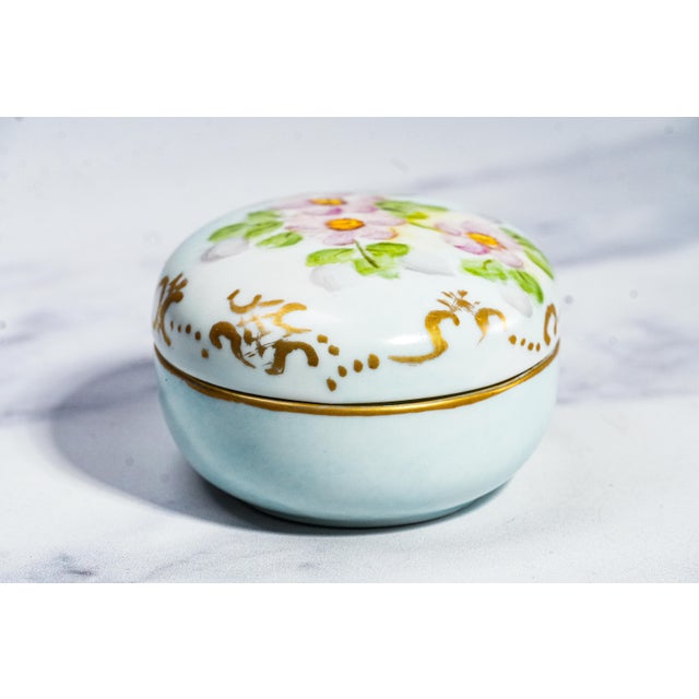 Delightful Hand Painted Floral Flower Theme Antique Small Porcelain Jewelry Trinket Box For Sale - Image 11 of 13