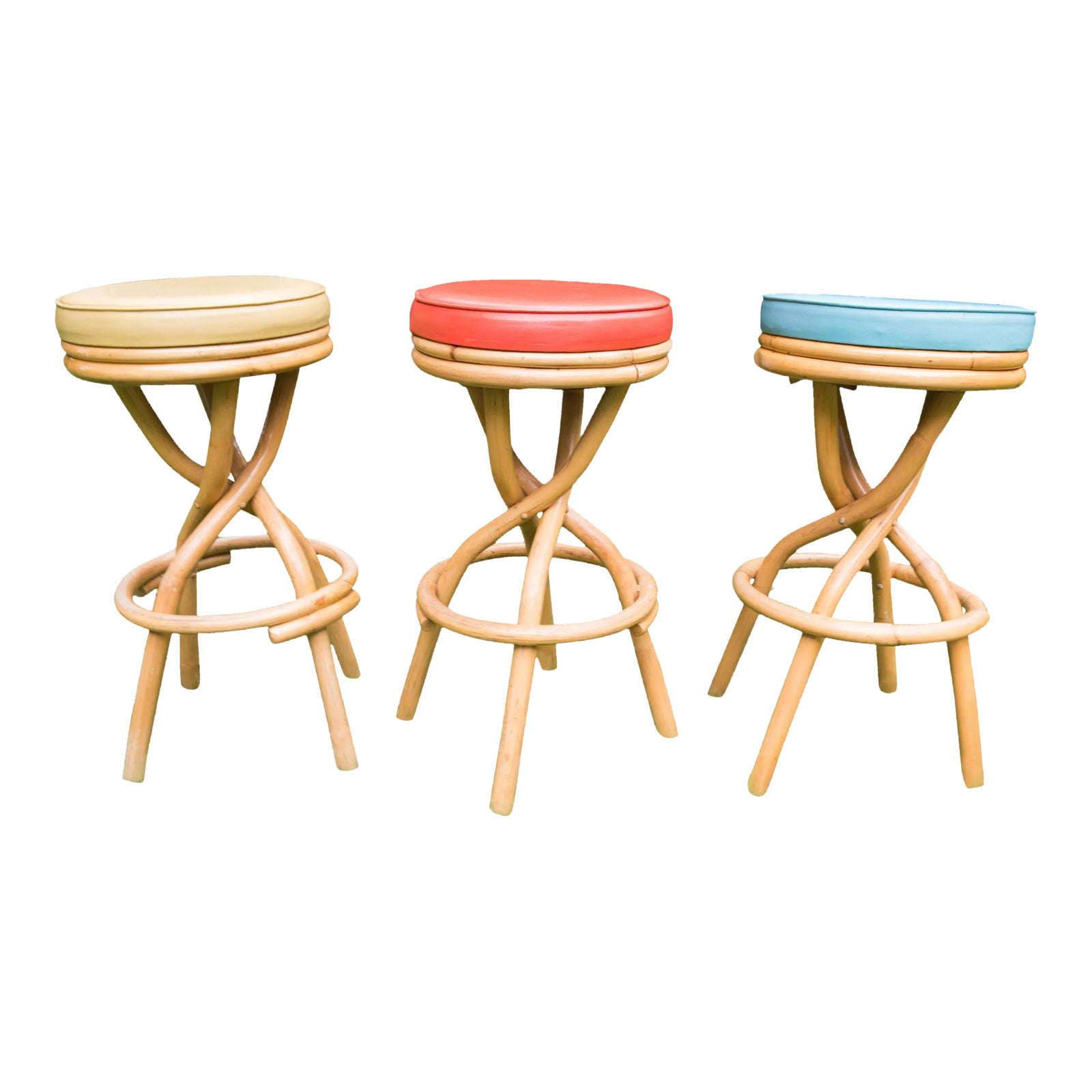 Mid-Century Modern Rattan Swivel Stools - Set of 3 | Chairish