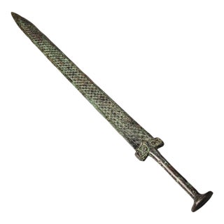 Late 19th Century Bronze Sword With Engraved Motifs, 520g, Archaic Blade For Sale