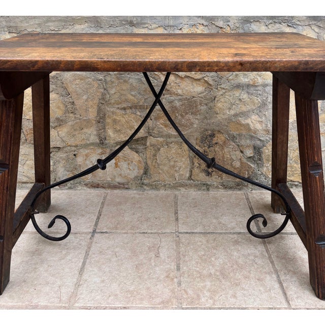 Rustic Early 20th Century Spanish Table with Wrought Iron Cross Stretchers For Sale - Image 3 of 7