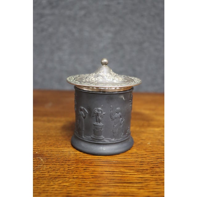 Neoclassical Wedgwood Black Basalt Covered Jar With Silver-Plated Lid For Sale - Image 3 of 6