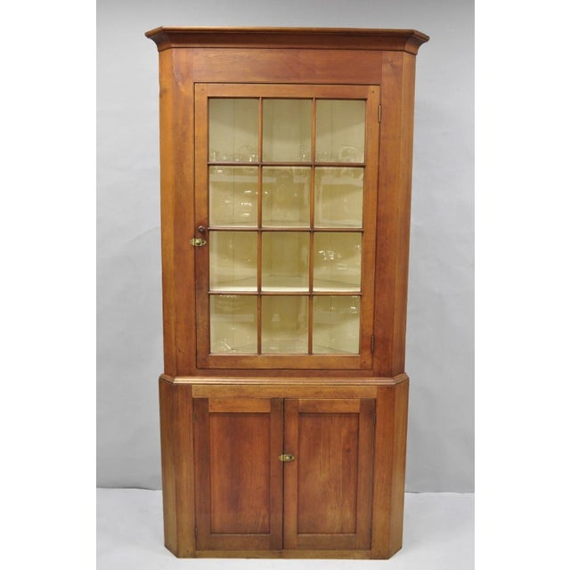 Antique American Colonial Primitive Solid Cherry Wood 2 Part Corner China Cabinet Cupboard with Individual Panes of Glass....