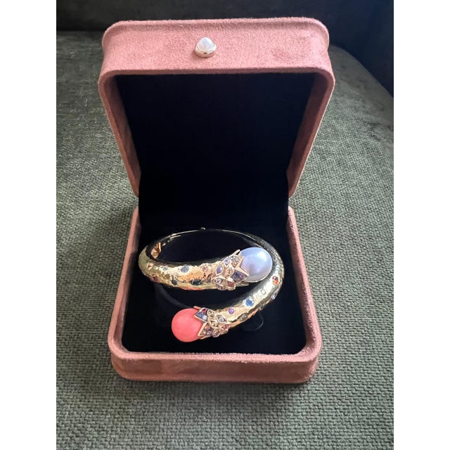 Metal Bochic “Orient” Sapphire, Coral & South Sea Pearl Bangle Set 18K & Silver For Sale - Image 7 of 12