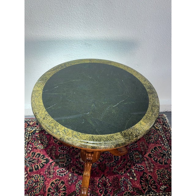 Late 20th Century Late 20th Century Traditional Round Marble Top Pedestal Accent Table | Carved Wood Base | 30” Diameter For Sale - Image 5 of 6