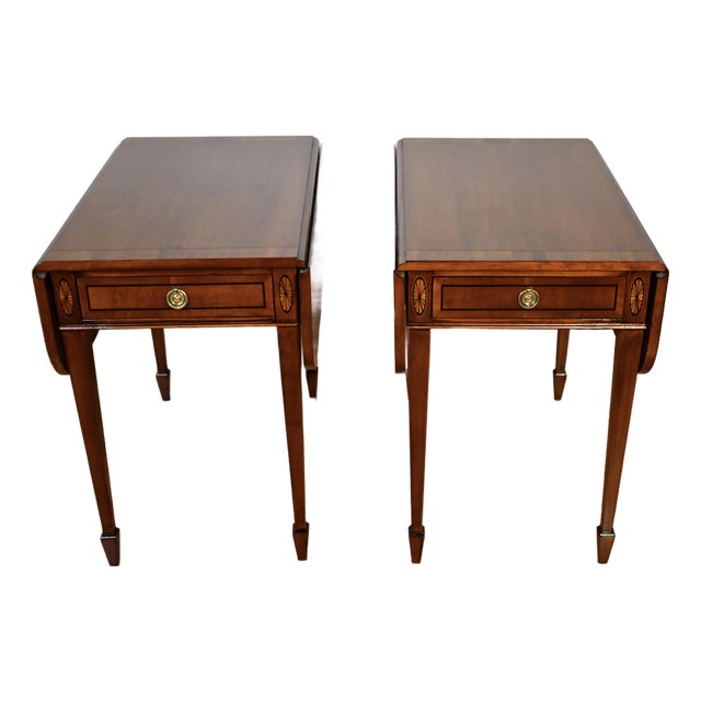 1950s Pair of Vintage Hekman Cherry Inlaid Drop-Leaf Pembroke Side Tables / End Tables For Sale