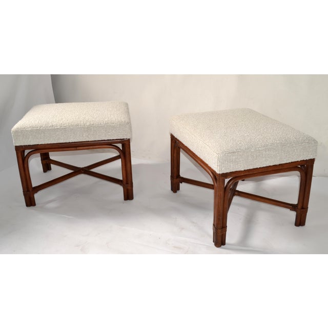 1970s Pair of 1970s McGuire Attributed Bamboo Wood Bouclé Fabric Upholstery Ottomans Mid-Century Modern For Sale - Image 5 of 13