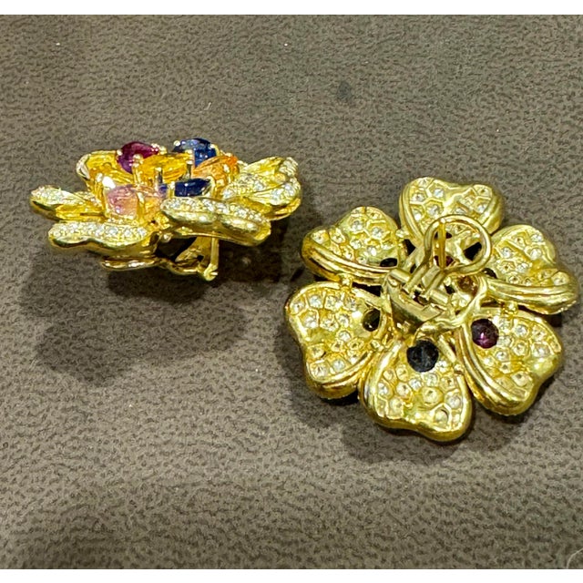 18K Yellow Gold Diamond & Multicolor Sapphire Flower Earrings by Designer Adler, A Pair For Sale - Image 9 of 18