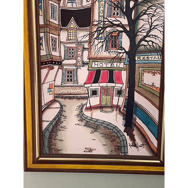 1970s Original 1974 Framed Robert Scott Whimsical Street Scene Painting - Camrose Art Corp For Sale - Image 5 of 8
