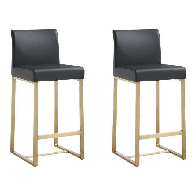 Denmark Black Vegan Leather & Gold Steel Counter Stools - Set of 2 For Sale