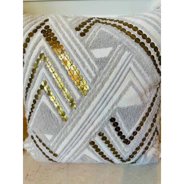 2010s Textured Cotton and Brass Art Deco Pillow With Tassels For Sale - Image 5 of 12