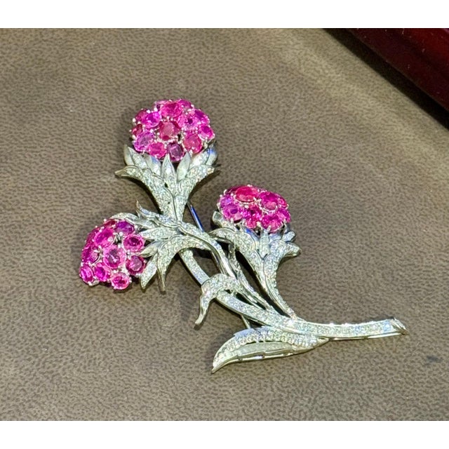 Metal Vintage 14 Kt White Gold Diamond & 18 Ct Pink Sapp Floral Bouquet Broach 30.4 GM For Sale - Image 7 of 18