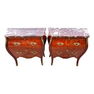 Pair of French Louis XV Style Bombe Commodes Bedside Tables Nightstands For Sale