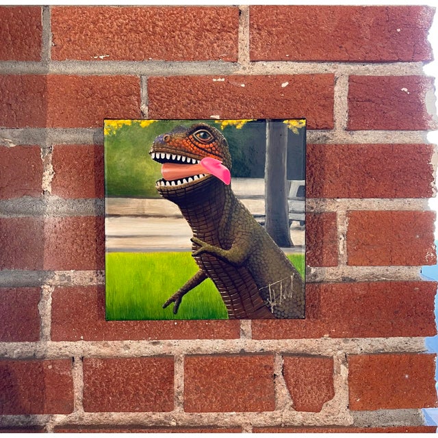 This acrylic painting features a whimsical dinosaur playfully sticking out its tongue in a vibrant park setting. The...