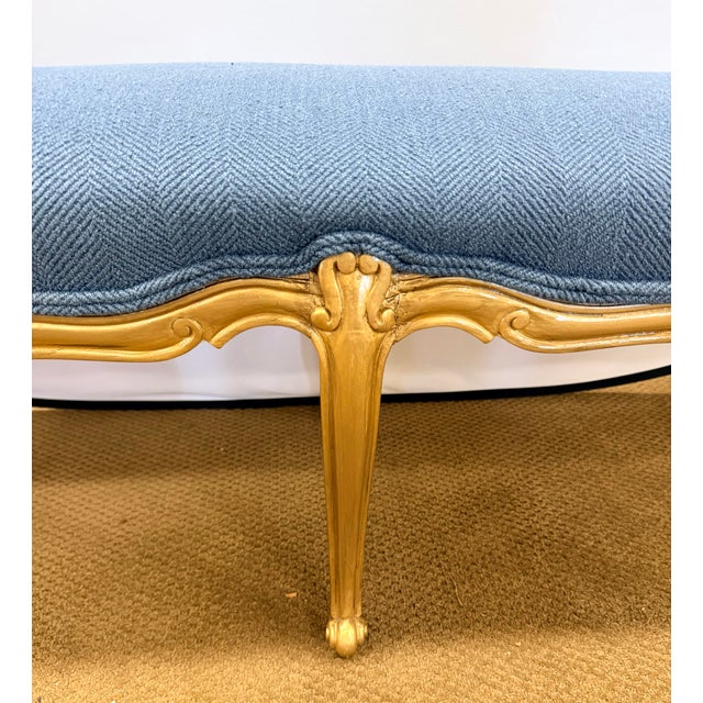 Giltwood Louis XV Style Long Blue Upholstered Bench, Window Seat For Sale In New York - Image 6 of 7