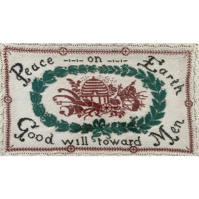 American Antique Beaded Holiday Peace on Earth Framed Crochet Linen For Sale - Image 3 of 11