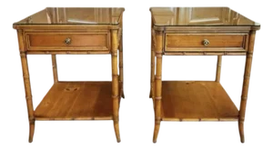 1970s Pair of Vintage Faux Bamboo Chinoiserie Nightstands by Baker Furniture