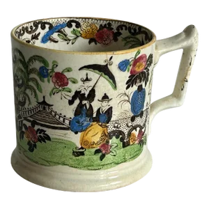 Antique English Creamware Chinoiserie Mug Blown Transfer Polychrome Enamel Painted Early 19th Century
