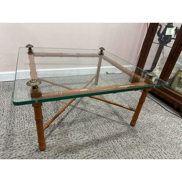 1970s Vintage Faux Bamboo Wood & Glass Coffee Table For Sale - Image 9 of 12