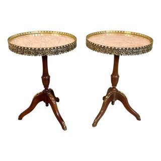 French Louis XV Style Pink Marble Gallery Topped Tripod Tables, 1920s, Set of 2 For Sale
