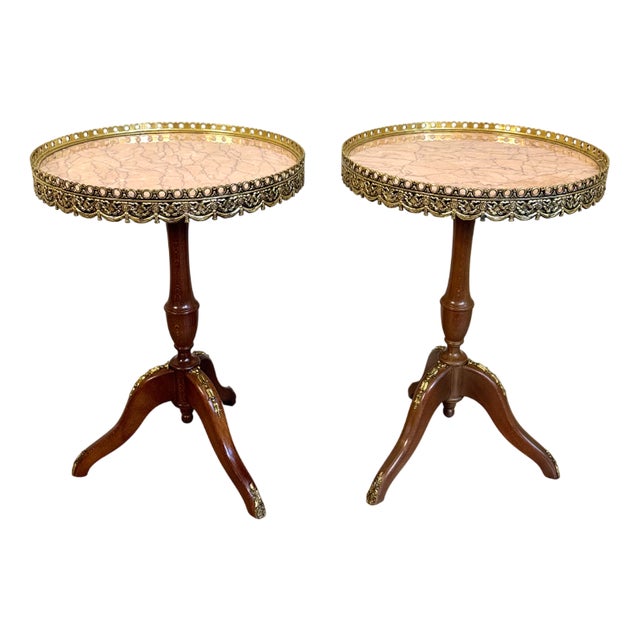 French Louis XV Style Pink Marble Gallery Topped Tripod Tables, 1920s, Set of 2 For Sale