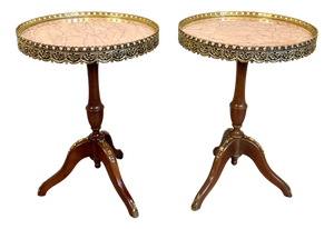 French Louis XV Style Pink Marble Gallery Topped Tripod Tables, 1920s, Set of 2