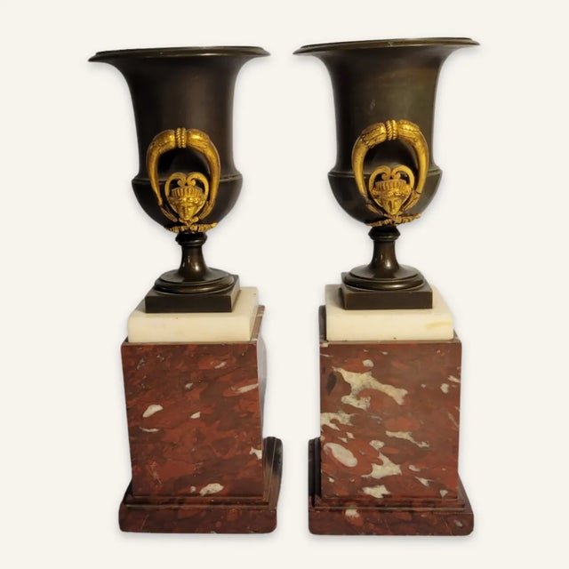 Pair of Mid 19th Century Small Napoleon III Bronze Urns With Doree Mounts and Marble Plinths For Sale - Image 13 of 13