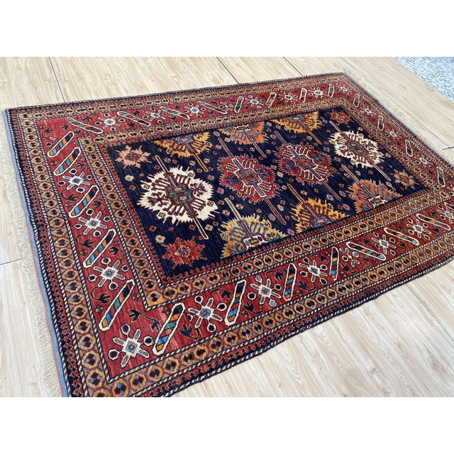 Navy Star Kazak Style Handmade Wool Rug 6x9 For Sale - Image 9 of 14