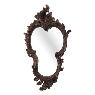 20th Century Rococo Carved Wooden Mirror with Cartouche-Shaped Glass, Italy, 1950s For Sale