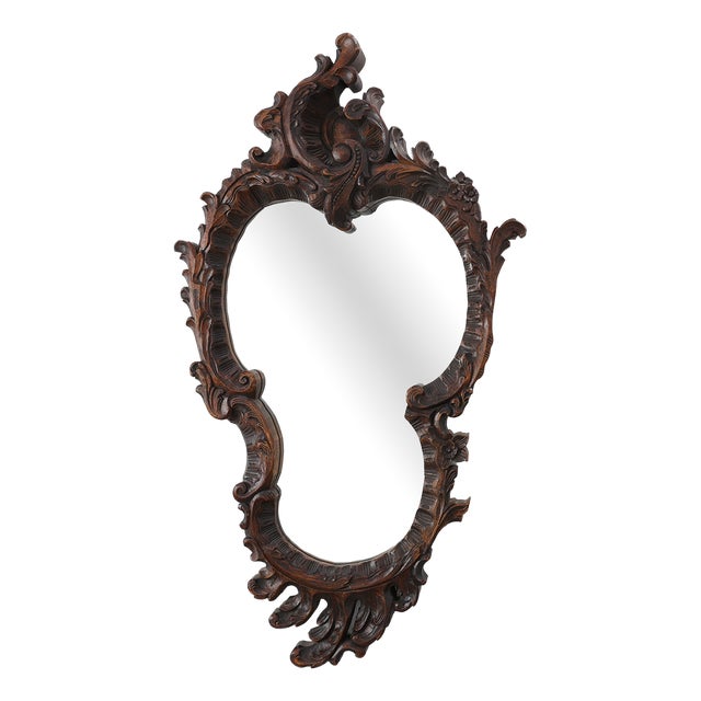 20th Century Rococo Carved Wooden Mirror with Cartouche-Shaped Glass, Italy, 1950s For Sale
