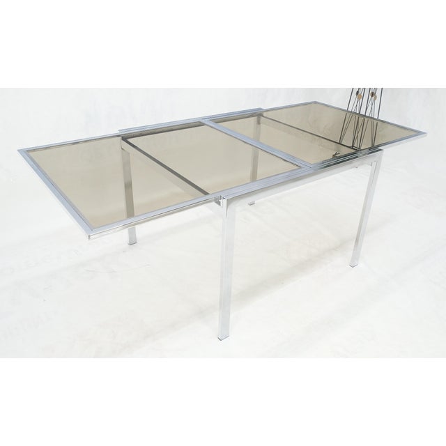 Chrome Flip Top 40" Square Crome Base Smoked Glass Top Dining Table 84" Extended Clean! For Sale - Image 8 of 18