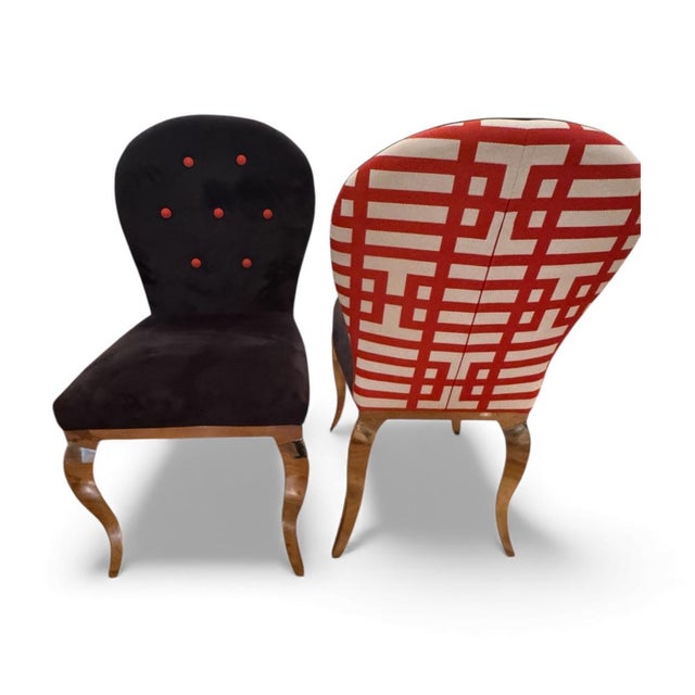 Postmodern Set of Four Hollywood Regency Slipper Chairs With Jonathan Adler Fabric & Chrome Legs For Sale - Image 3 of 3