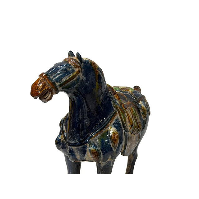 Ceramic Oriental Ceramic Sancai Dark Blue Brown Beige Fengshui Artistic Horse Figure For Sale - Image 7 of 11